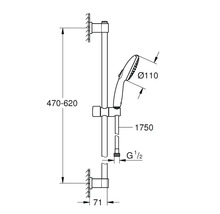 Technische Zeichnung einer Duschstange mit Handbrause und Massangaben