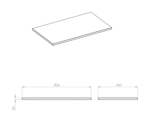 Dessin technique d''une plaque de dimensions 806 x 460 x 20 millimètres.
