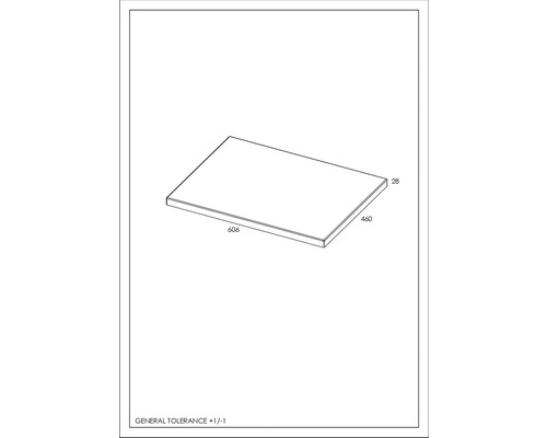 Dessin technique d''une plaque mesurant 606 x 460 x 28 millimètres