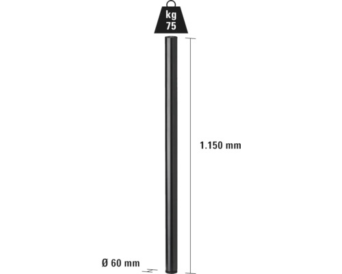 Dimensions d''un poteau: 60 millimètres de diamètre, 1150 millimètres de longueur, 75 kilogrammes de poids.