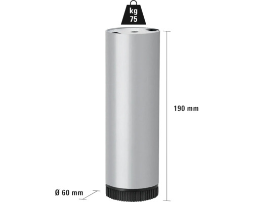 Möbelfuss aus Metall mit einer Traglast von 75 Kilogramm und den Massen 60 mal 190 Millimeter.