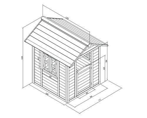 Schéma technique d''une cabane de jeu avec dimensions.
