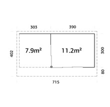 Plan avec les dimensions 303, 390, 402, 300, 80 et 715 ainsi que les indications de surface de 7,9 mètres carrés et 11,2 mètres carrés