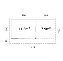 Plan avec les dimensions 715 x 402 cm, surface 11,2 et 7,9 mètres carrés
