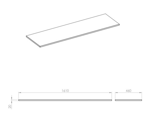 Dessin technique d''un plan de travail mesurant 1610 x 460 x 20 millimètres.