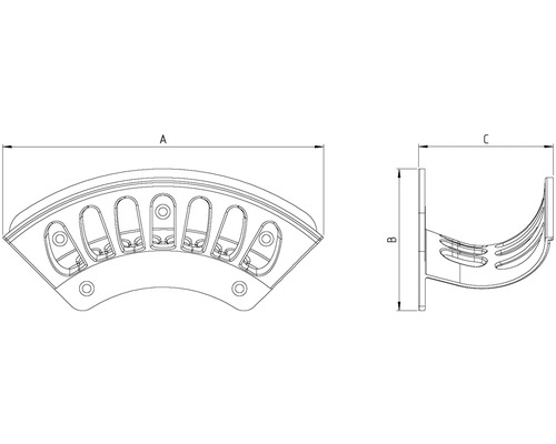 Technische Zeichnung eines Viertelkreis-Wandhalters mit Massangaben