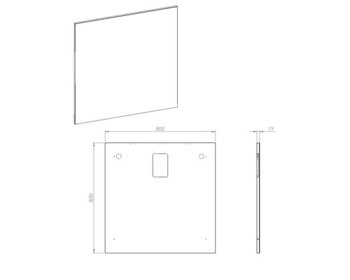 Technische Zeichnung einer Duschwand, 800x800x19 Millimeter