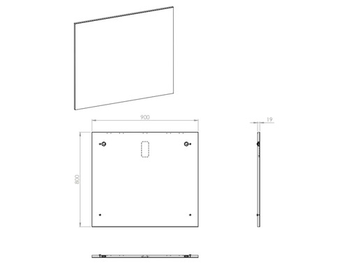 Dessin technique d''un miroir de dimensions 900 x 800 x 19 millimètres