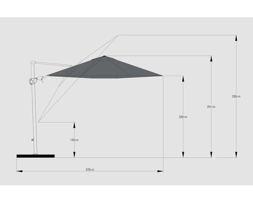 Technische Zeichnung eines Sonnenschirms mit Maßangaben