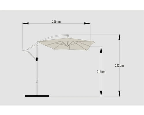 Abbildung eines Sonnenschirms mit den Maßen 299 cm Breite, 214 cm Höhe und 253 cm Gesamthöhe