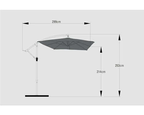 Abmessungen eines Sonnenschirms mit Standfuss: 299 cm Breite, 253 cm Höhe und 214 cm Durchgangshöhe