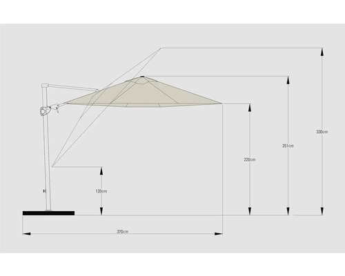 Technische Zeichnung eines Sonnenschirms mit Maßangaben