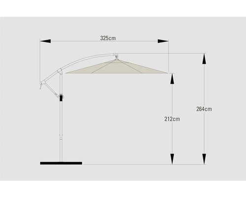Masse eines Sonnenschirms: 325 Zentimeter breit, 264 Zentimeter hoch und 212 Zentimeter Ständerhöhe