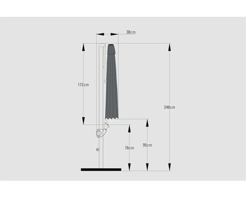 Technische Zeichnung eines Sonnenschirms mit Maßangaben.