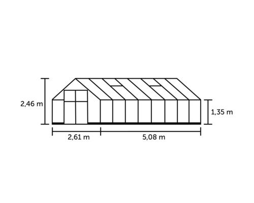 Technische Zeichnung eines Gewächshauses mit den Maßen 2,46 Meter Höhe, 2,61 Meter Breite, 5,08 Meter Länge und 1,35 Meter Seitenhöhe.
