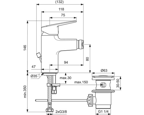 Masszeichnung Waschtischarmatur mit Ablaufgarnitur