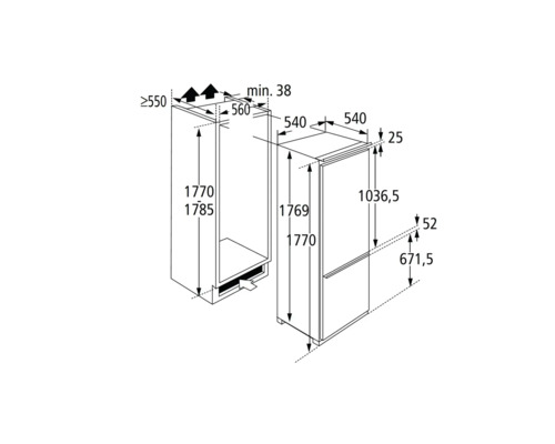 Masszeichnung eines Kühlschranks mit detaillierten Abmessungen