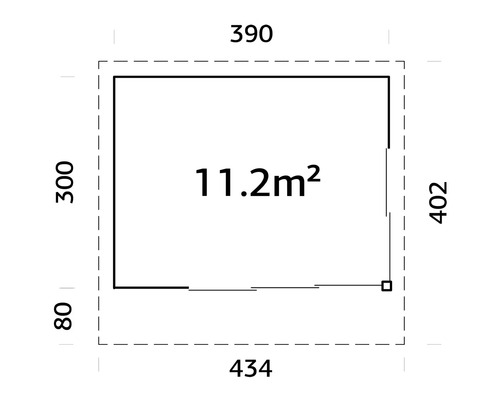 Grundriss mit Abmessungen: 390 mal 300 mal 434 mal 402, Fläche 11.2 Quadratmeter