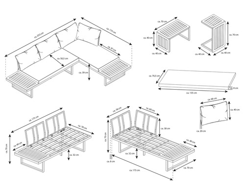 Masse einer Loungegruppe für den Garten mit Ecksofa, Sesseln und Tisch