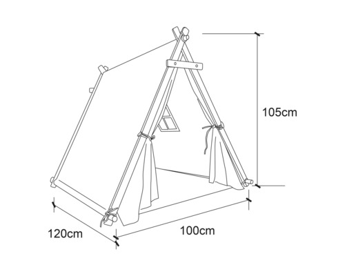 Illustration d''une tente de jeu pour enfants mesurant 120 cm x 100 cm x 105 cm.