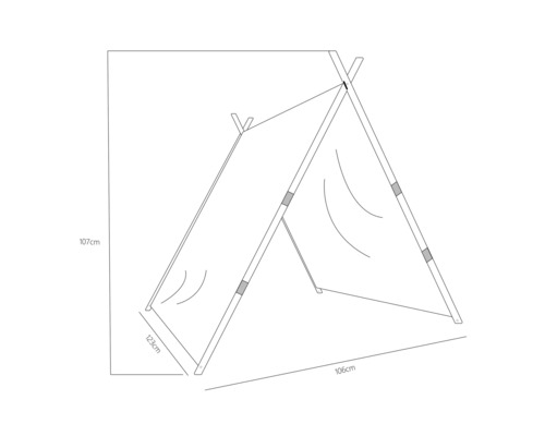 Schéma coté d''une tente de jeux pour enfants mesurant 107 cm de haut, 106 cm de long et 123 cm de large.