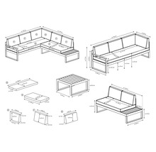 Dimensions d''un ensemble de salon modulaire et d''une table basse sous forme de dessin technique