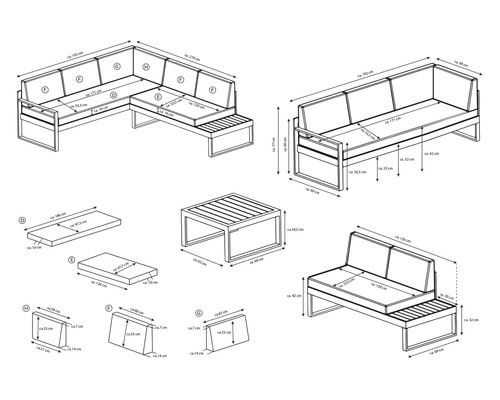 Dimensions d''un ensemble de salon modulaire et d''une table basse sous forme de dessin technique