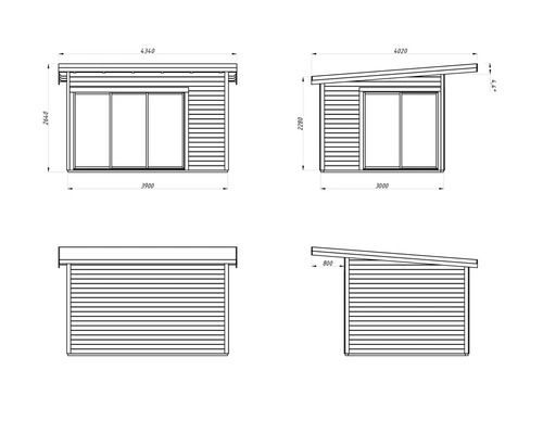 Schéma technique d''un abri de jardin avec toit plat et portes coulissantes, vues de face, de côté et de dessus.