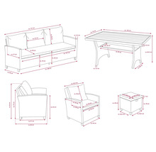 Masse einer Gartenmöbelgruppe bestehend aus Sofa, Sessel, Tisch und Hocker