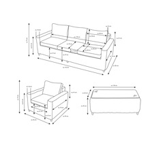 Skizze eines Sofas, eines Sessels und einer Bank mit Maßangaben