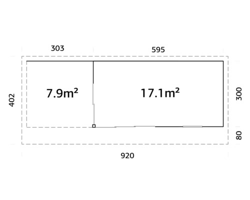 Plan d''un abri de jardin mesurant 920 x 402 cm.