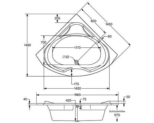 Dessin technique d''une baignoire d''angle avec dimensions