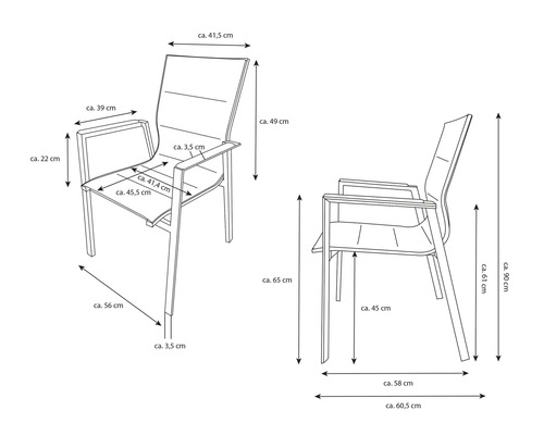 Technische Zeichnung eines Gartenstuhls mit Maßangaben