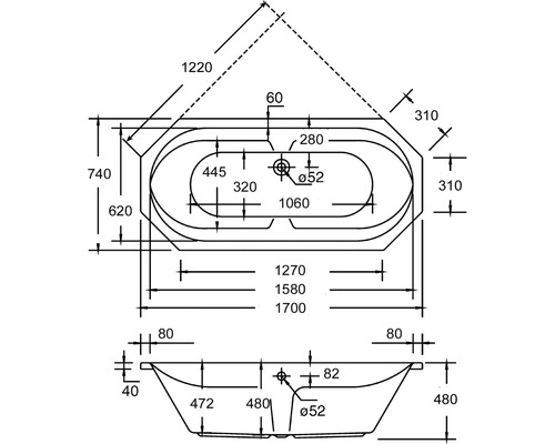 Technische Zeichnung einer Badewanne mit Maßangaben