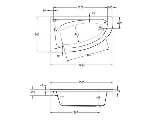 Technische Zeichnung einer Badewanne mit Maßangaben