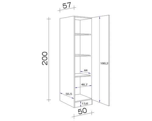 Dessin technique d''une armoire haute avec portes ouvertes et dimensions intérieures en centimètres