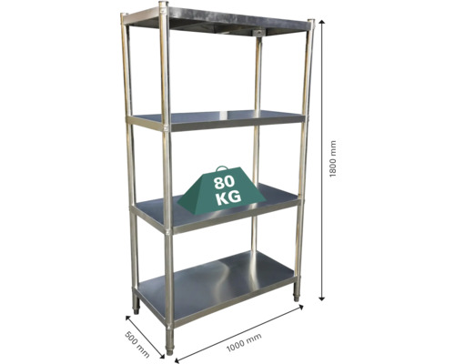 Edelstahlregal mit vier Ebenen und den Maßen 1800 mm Höhe, 1000 mm Breite und 500 mm Tiefe