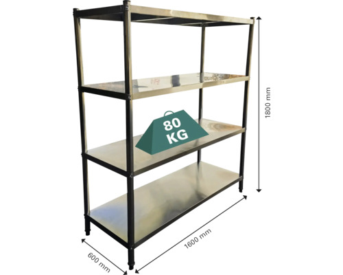 Edelstahlregal mit vier Ebenen und Massangaben