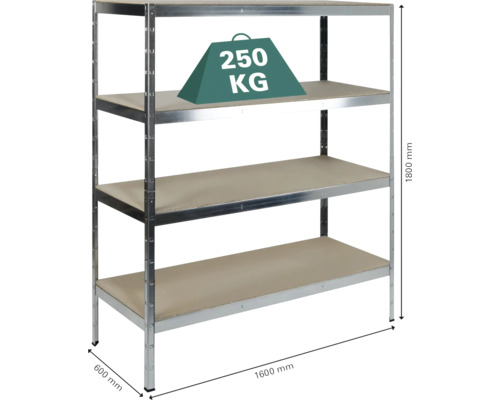 Étagère métallique avec quatre tablettes et une capacité de charge de 250 kilogrammes