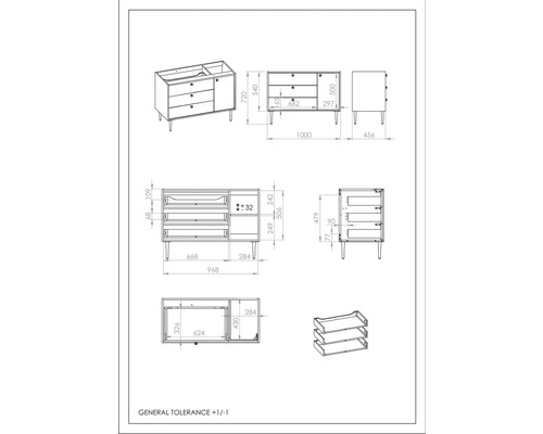 Technische Zeichnung eines Badezimmermöbels mit Schubladen und Stauraum