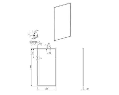 Schéma technique d''un miroir rectangulaire avec dimensions