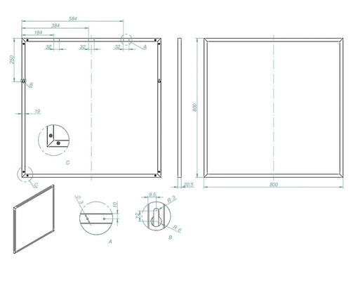 Technische Zeichnung eines Spiegels mit Maßangaben