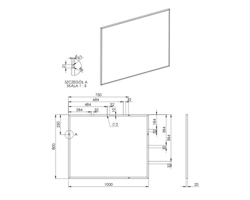 Dessin technique d''un miroir rectangulaire avec dimensions
