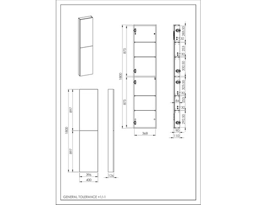 Technische Zeichnung eines Schranks mit Massangaben