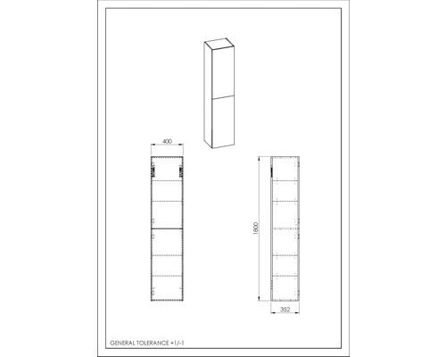 Technische Zeichnung eines Hochschranks mit Maßen