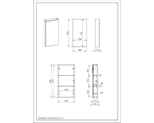 Schéma technique d'une armoire de toilette avec dimensions