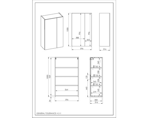 Technische Zeichnung eines Wandschranks mit Massangaben