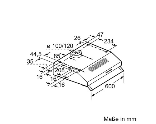 Schéma coté d''une hotte aspirante avec dimensions en millimètres
