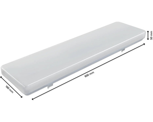 Luminaire rectangulaire LED pour pièces humides, dimensions 600 mm x 160 mm x 50 mm.