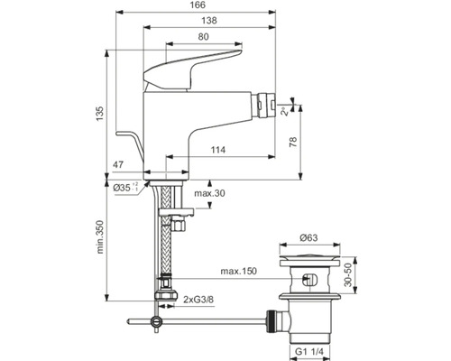Technische Zeichnung einer Armatur mit Maßen.